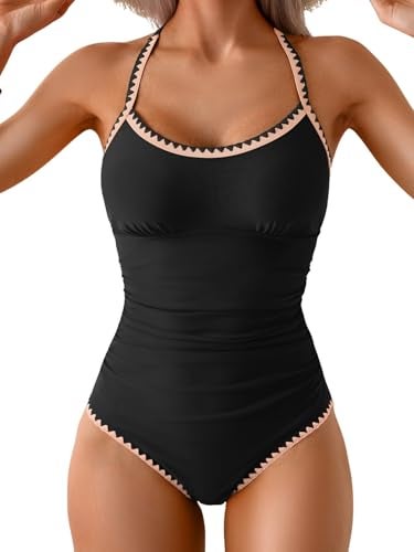 Eomenie Women's One Piece Swimsuit Tummy Control Slimming Bathing Suit Ruched Swimwear Tie Back Shell Stitch Swim Suit Black - Image 1