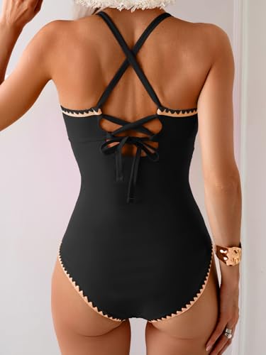 Eomenie Women's One Piece Swimsuit Tummy Control Slimming Bathing Suit Ruched Swimwear Tie Back Shell Stitch Swim Suit Black - Image 4