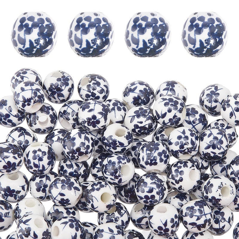 CHGCRAFT About 200pcs Handmade Printed Porcelain Beads Round Shaped Charm PrussianBlue Color Spacer Beads Loose Beads for DIY Jewelry Making 6mm Hole 2mm