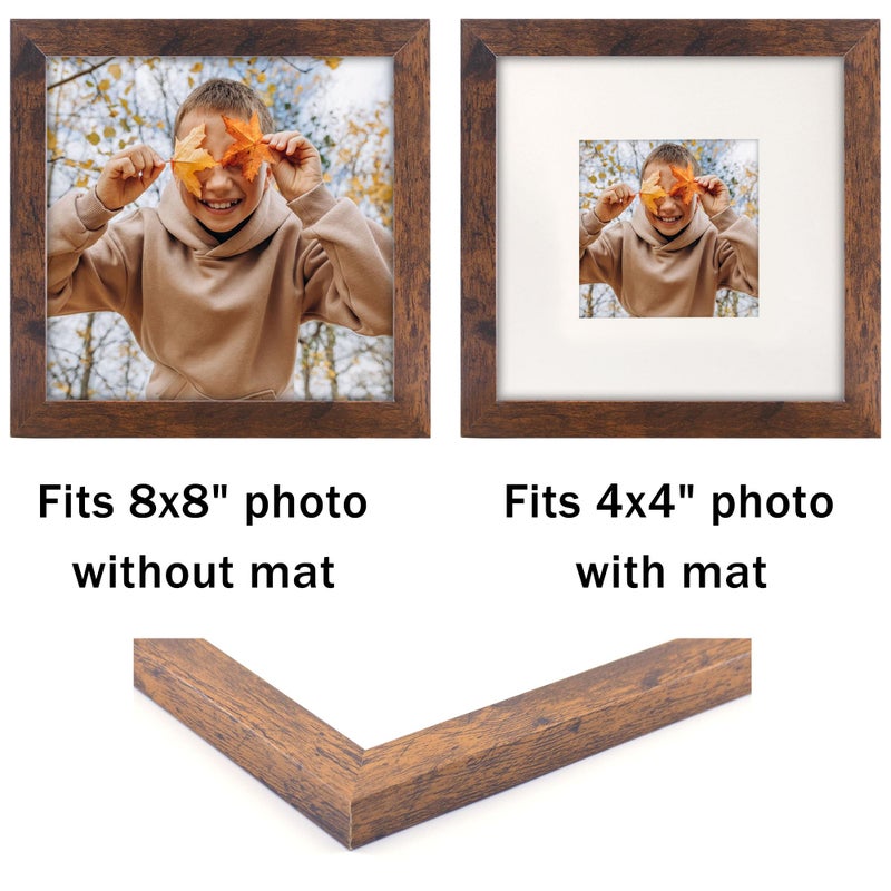 NDUFOA 8x8 Picture Frame, Display Photos 4x4 with Mat or 8x8 without Mat, Poster Frame for Wall and Tabletop, Brown - Image 2