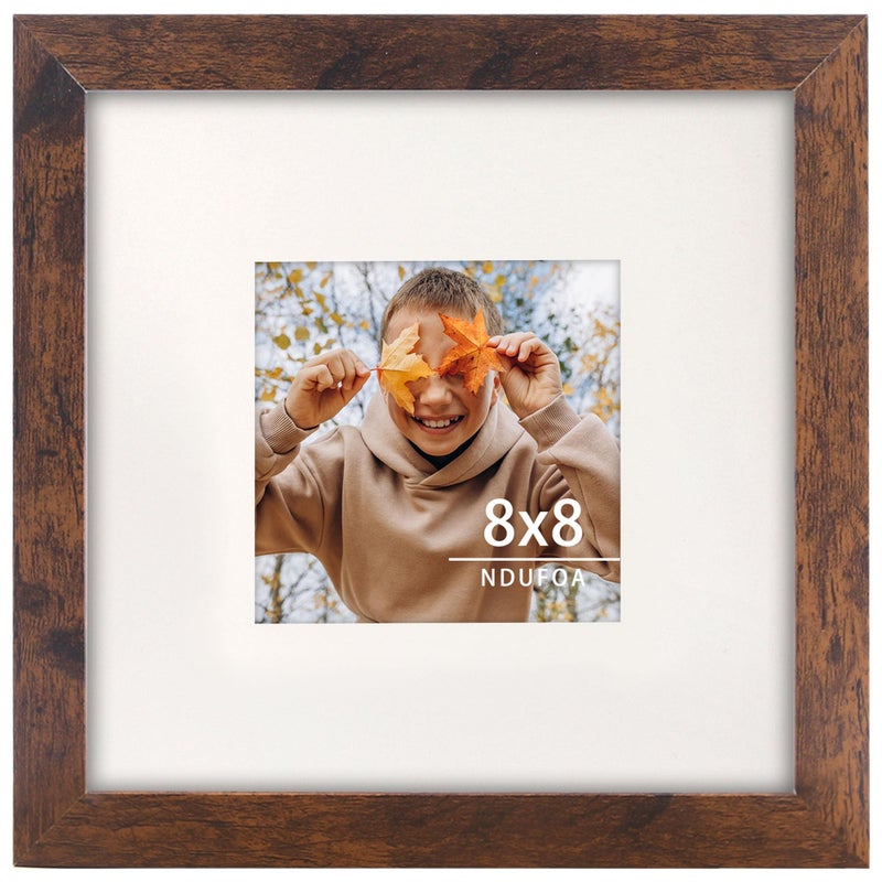 NDUFOA 8x8 Picture Frame, Display Photos 4x4 with Mat or 8x8 without Mat, Poster Frame for Wall and Tabletop, Brown - Image 1
