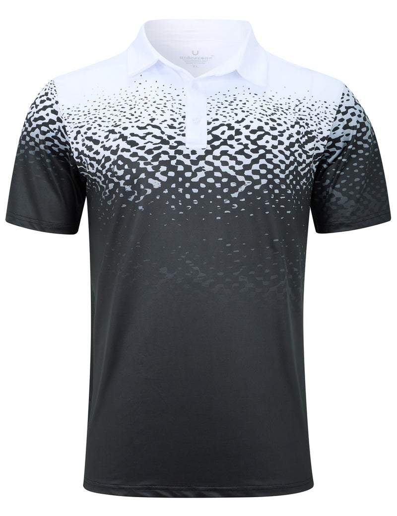 uideazone Mens Golf Shirts Short Sleeve 3D Print Athletic Polo Shirts White Black Dry Fit Performance Moisture Wicking Collar Tops - Image 1