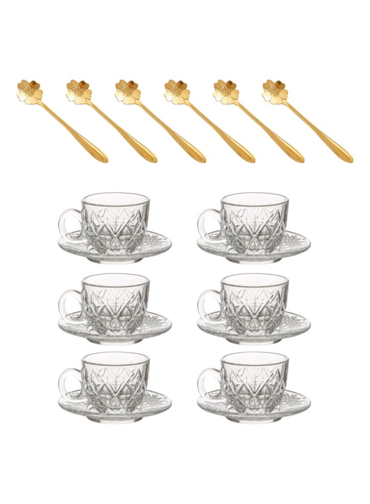 kangchoice 6-Set Glass Coffee Mug with Saucer & Spoon, Clear Espresso Cups with Handles, Glass Coffee Cups for Latte, Cappuccino, Mocha, Hot Chocolate, Tea, Juice, Beverage 80ML/Diamond Pattern - Image 1