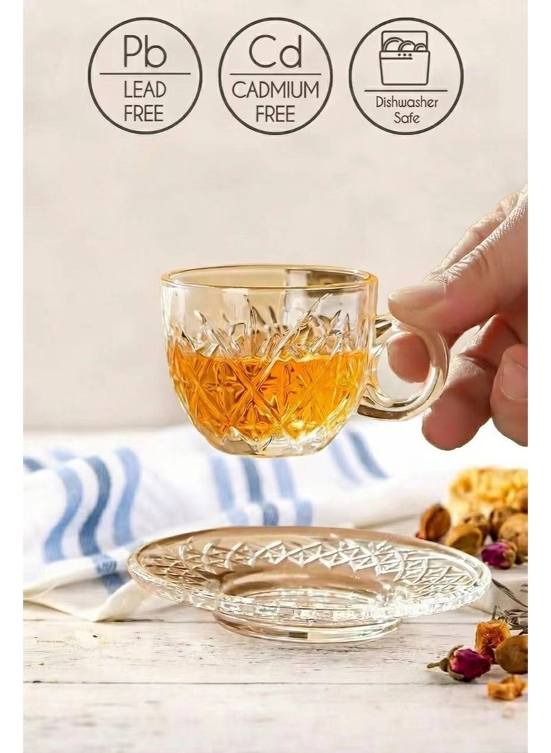 kangchoice 6-Set Glass Coffee Mug with Saucer & Spoon, Clear Espresso Cups with Handles, Glass Coffee Cups for Latte, Cappuccino, Mocha, Hot Chocolate, Tea, Juice, Beverage 80ML/Diamond Pattern - Image 2