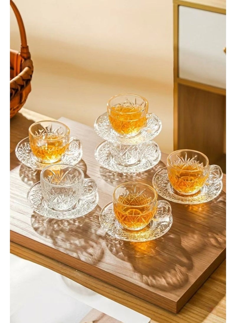 kangchoice 6-Set Glass Coffee Mug with Saucer & Spoon, Clear Espresso Cups with Handles, Glass Coffee Cups for Latte, Cappuccino, Mocha, Hot Chocolate, Tea, Juice, Beverage 80ML/Diamond Pattern - Image 3