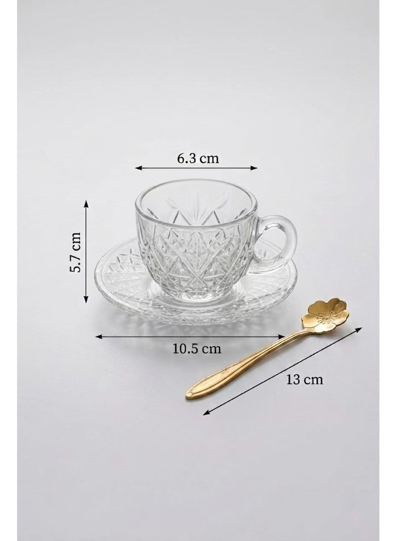 kangchoice 6-Set Glass Coffee Mug with Saucer & Spoon, Clear Espresso Cups with Handles, Glass Coffee Cups for Latte, Cappuccino, Mocha, Hot Chocolate, Tea, Juice, Beverage 80ML/Diamond Pattern - Image 4
