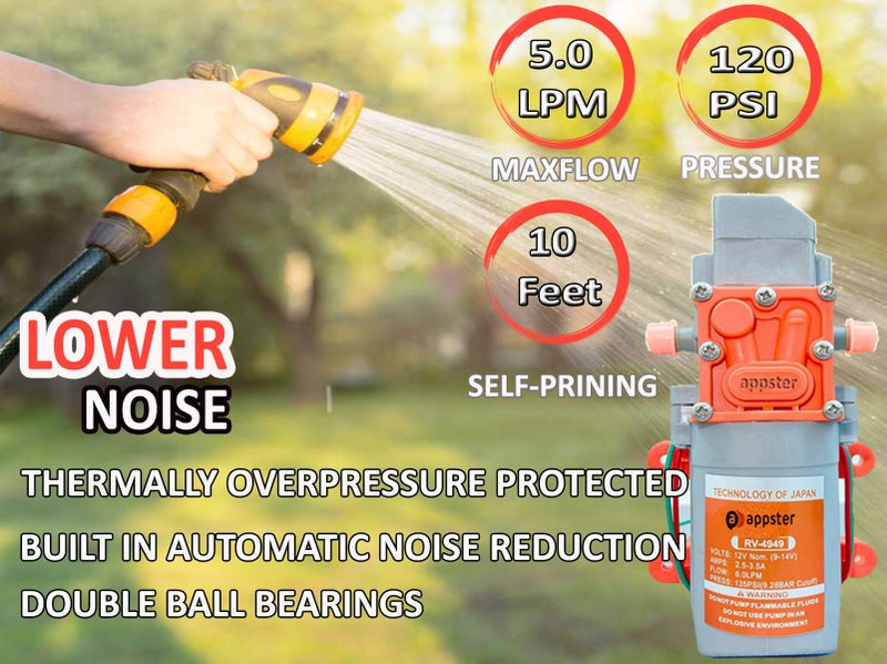 Appster High Pressure Diaphragm Pumps 120PSI 12V DC Electric Battery Operated Sprayer Water Pump Motor for Agriculture Farm Fogger Misting Spray Car Bike Washing Sanitizing Gardening Irrigation - Image 4