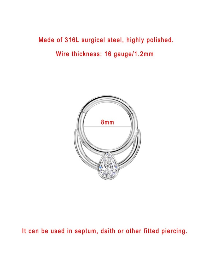 FANSING Crescent Moon Septum Jewelry 16g Septum Ring Surgical Steel Piercing Rings 16 Gauge 8mm Daith Hoop Earring with Teardrop CZ - Image 2