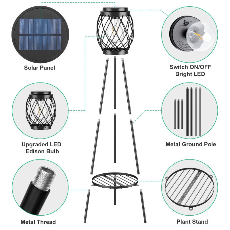MXwcy Solar Floor Lamp with Plant Standsï¼ŒSolar Lights Outdoor with Vintage LED Edison Bulbs, Weatherproof Garden Lights for Pathway, Patio, Yard, 8-10 Hours Lighting, IP55 Waterproof - Image 4