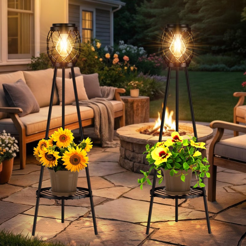 MXwcy Solar Floor Lamp with Plant Standsï¼ŒSolar Lights Outdoor with Vintage LED Edison Bulbs, Weatherproof Garden Lights for Pathway, Patio, Yard, 8-10 Hours Lighting, IP55 Waterproof - Image 5