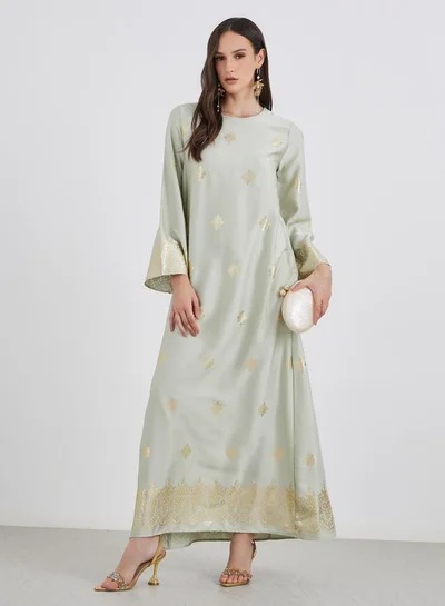 Styli Styli Women Green Foil Print Round Neck Jalabiya