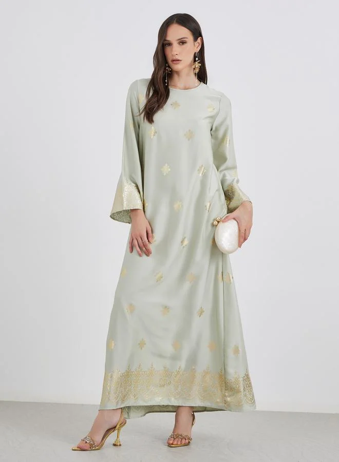ستايلي Styli Women Green Foil Print Round Neck Jalabiya