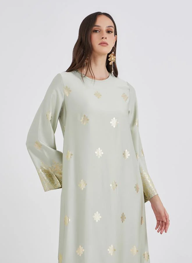Styli Styli Women Green Foil Print Round Neck Jalabiya