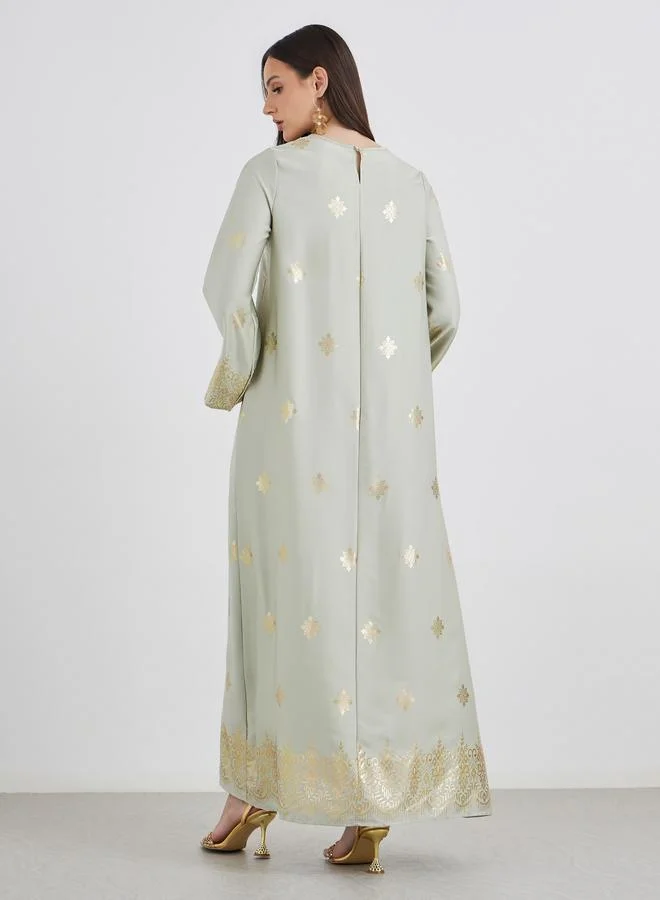Styli Styli Women Green Foil Print Round Neck Jalabiya