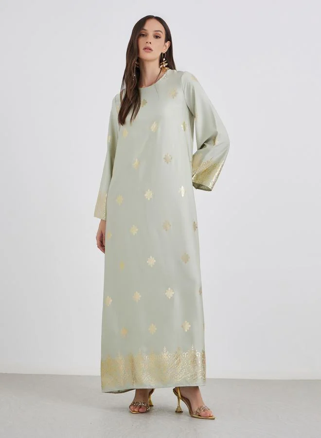 ستايلي Styli Women Green Foil Print Round Neck Jalabiya