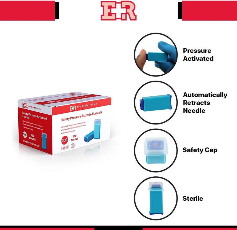 Ever Ready First Aid Safety Pressure Activated Lancets Sterile Push Lancets with 30 Gauge for Blood Sugar Testing  100 Count - Image 2