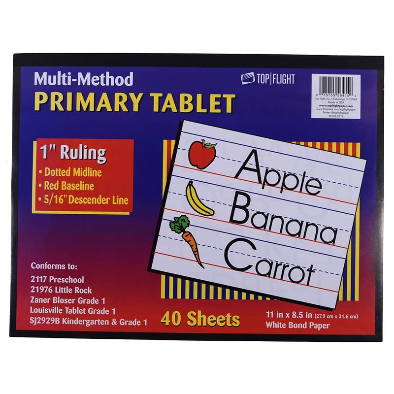 Top Flight Multi-Method 1st Grade Primary Tablet, 1 Inch Ruling, Bond Paper, 11 x 8.5 Inches, 40 Sheets (56415),White