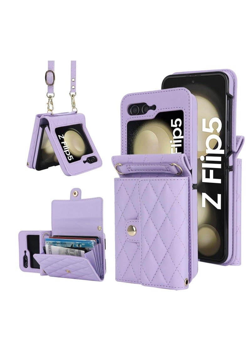 Y&D Wallet Case for Galaxy Z Flip 5 with Card Holder Crossbody Leather Handbag RFID Blocking Detachable Lanyard Magnetic Compatible Samsung 5G Purple - Image 1