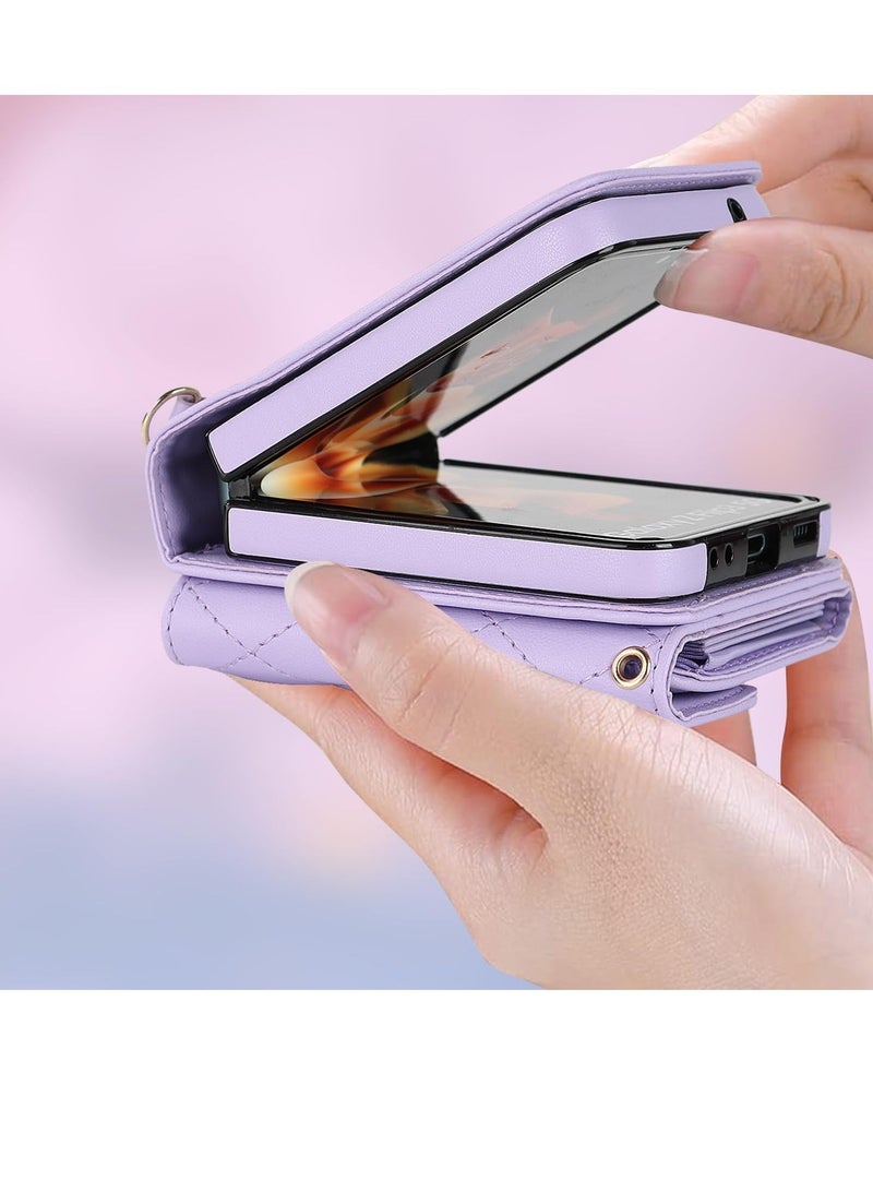 Y&D Wallet Case for Galaxy Z Flip 5 with Card Holder Crossbody Leather Handbag RFID Blocking Detachable Lanyard Magnetic Compatible Samsung 5G Purple - Image 2