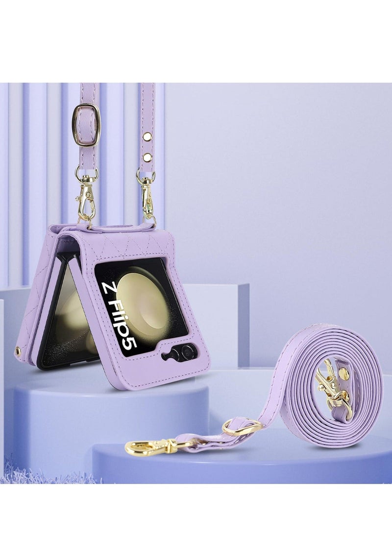 Y&D Wallet Case for Galaxy Z Flip 5 with Card Holder Crossbody Leather Handbag RFID Blocking Detachable Lanyard Magnetic Compatible Samsung 5G Purple - Image 4