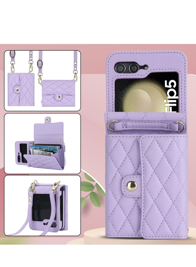 Y&D Wallet Case for Galaxy Z Flip 5 with Card Holder Crossbody Leather Handbag RFID Blocking Detachable Lanyard Magnetic Compatible Samsung 5G Purple - Image 5