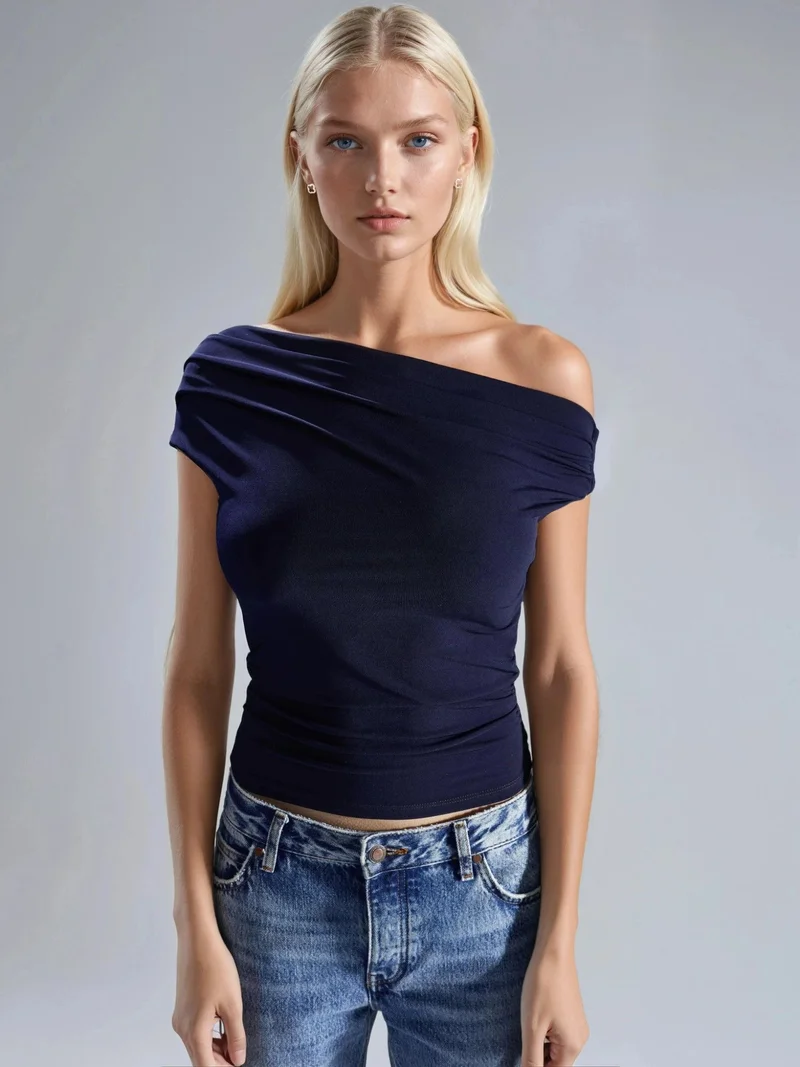 HICCUP Navy Blue Asymmetrical Neck One-Shoulder Sandy Blouse for Women | Best Price UAE