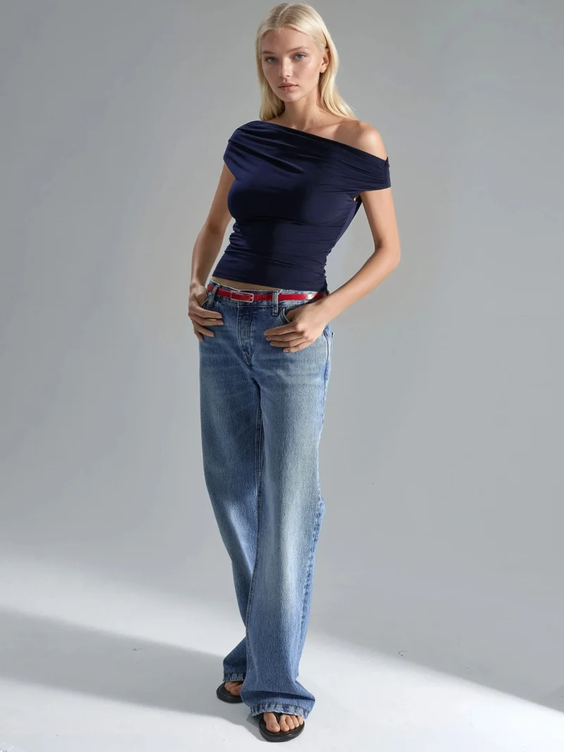 HICCUP Navy Blue Asymmetrical Neck One-Shoulder Sandy Blouse for Women | Best Price UAE