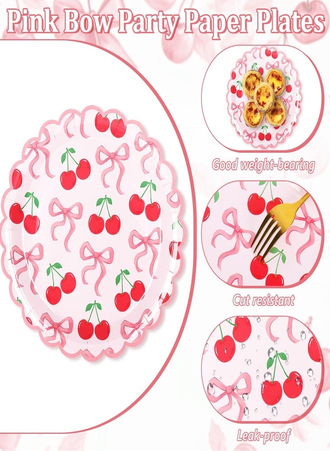 JarThenaAMCS 50Pcs Pink Bow Cherry Paper Plates 9 Inch She is the Cherry On Top Disposable Plate Cherry Bowknot Scalloped Edge Coquette Cute Dinner Dessert Plate for Party Supplies - Image 3