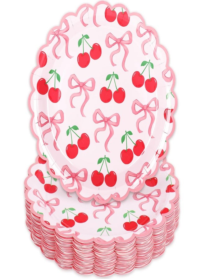 JarThenaAMCS 50Pcs Pink Bow Cherry Paper Plates 9 Inch She is the Cherry On Top Disposable Plate Cherry Bowknot Scalloped Edge Coquette Cute Dinner Dessert Plate for Party Supplies - Image 1
