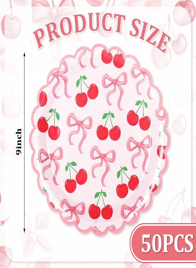 JarThenaAMCS 50Pcs Pink Bow Cherry Paper Plates 9 Inch She is the Cherry On Top Disposable Plate Cherry Bowknot Scalloped Edge Coquette Cute Dinner Dessert Plate for Party Supplies - Image 2