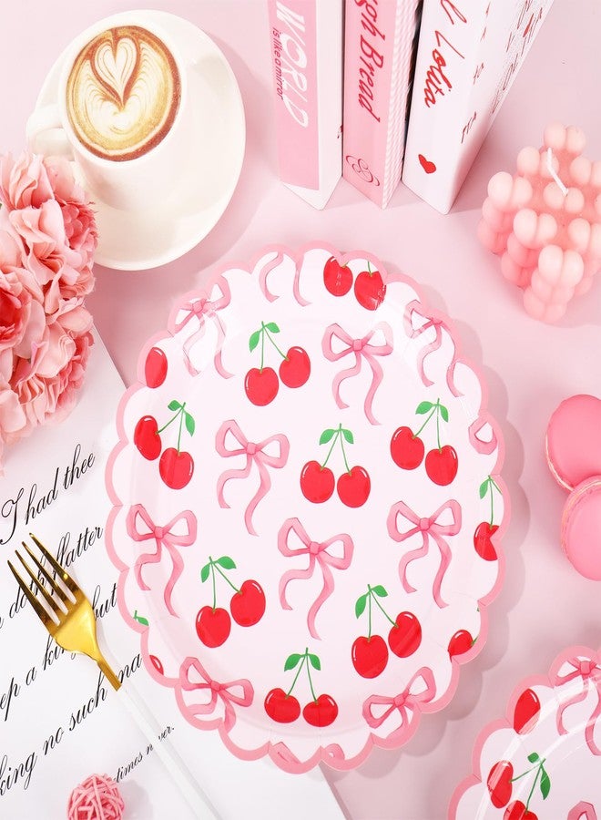 JarThenaAMCS 50Pcs Pink Bow Cherry Paper Plates 9 Inch She is the Cherry On Top Disposable Plate Cherry Bowknot Scalloped Edge Coquette Cute Dinner Dessert Plate for Party Supplies - Image 5