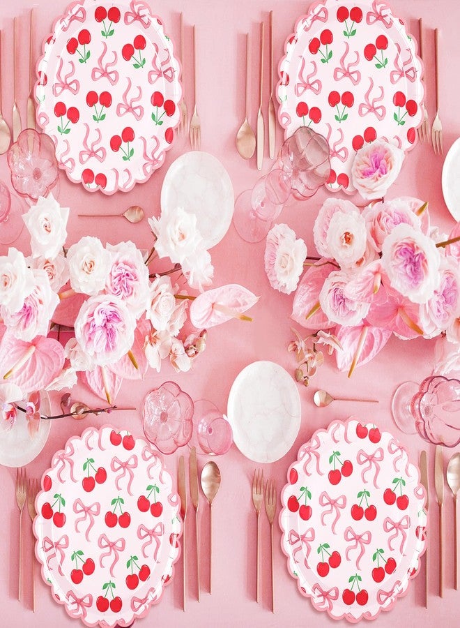 JarThenaAMCS 50Pcs Pink Bow Cherry Paper Plates 9 Inch She is the Cherry On Top Disposable Plate Cherry Bowknot Scalloped Edge Coquette Cute Dinner Dessert Plate for Party Supplies - Image 4