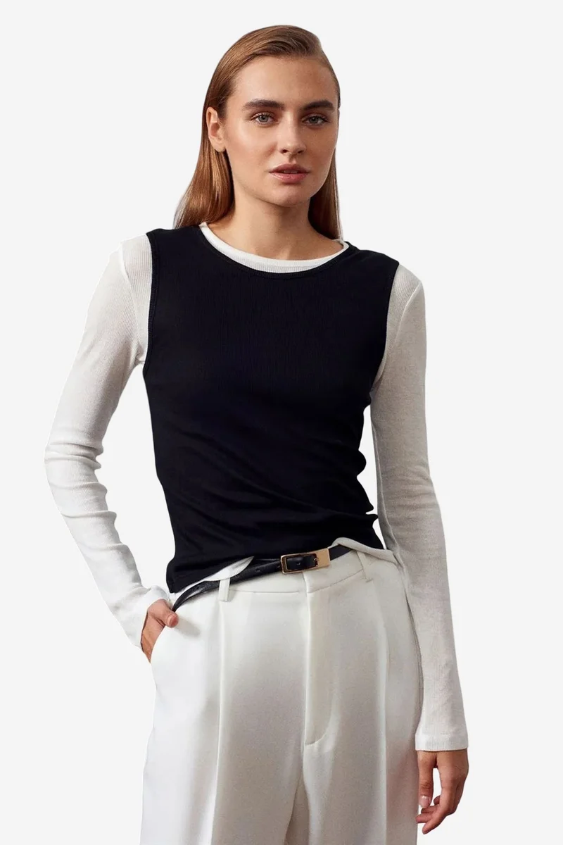 Dilvin Multicolor DILVIN Fitted Cotton Crew Neck Long Sleeve Blouse for Women | Best Price UAE