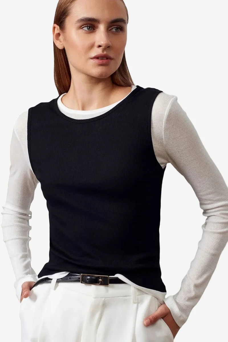DILVIN Fitted Cotton Crew Neck Long Sleeve Blouse