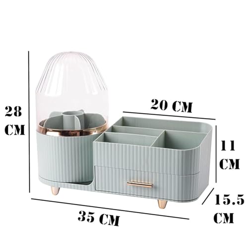 SIBY ABS Plastic Cosmetic Storage Box for Women's | 360° Rotating Makeup Brush Holder for Dressing Table | Vanity Makeup Organizer Box with Transparent Cap and Drawer (Light Green) - Image 2