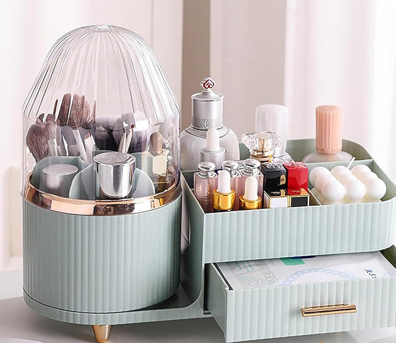 SIBY ABS Plastic Cosmetic Storage Box for Women's | 360° Rotating Makeup Brush Holder for Dressing Table | Vanity Makeup Organizer Box with Transparent Cap and Drawer (Light Green) - Image 3