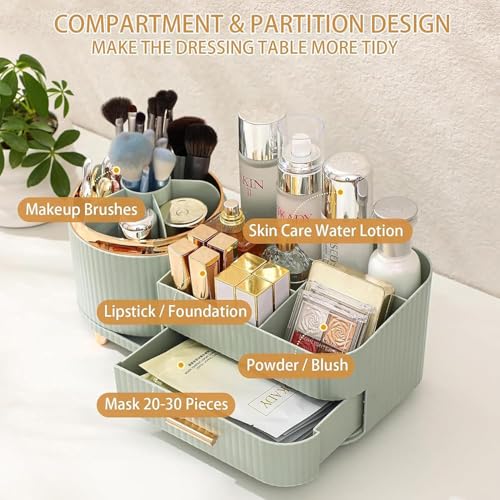 SIBY ABS Plastic Cosmetic Storage Box for Women's | 360° Rotating Makeup Brush Holder for Dressing Table | Vanity Makeup Organizer Box with Transparent Cap and Drawer (Light Green) - Image 5