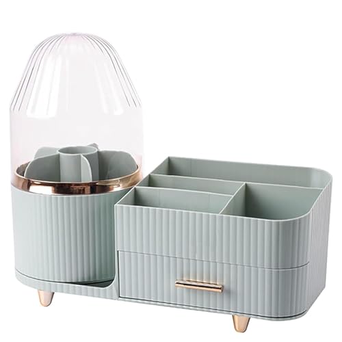 SIBY ABS Plastic Cosmetic Storage Box for Women's | 360° Rotating Makeup Brush Holder for Dressing Table | Vanity Makeup Organizer Box with Transparent Cap and Drawer (Light Green) - Image 1
