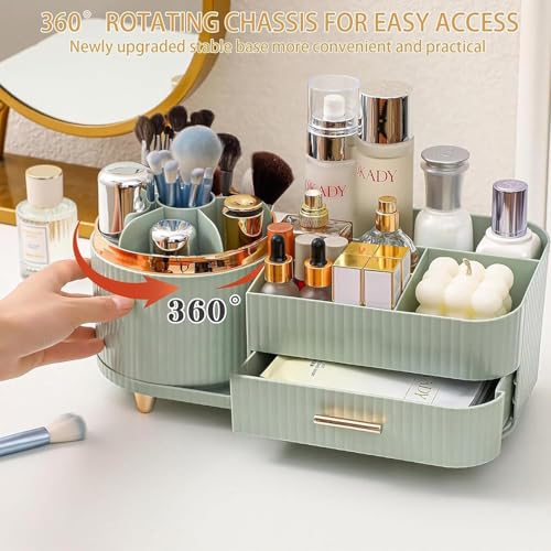 SIBY ABS Plastic Cosmetic Storage Box for Women's | 360° Rotating Makeup Brush Holder for Dressing Table | Vanity Makeup Organizer Box with Transparent Cap and Drawer (Light Green) - Image 4