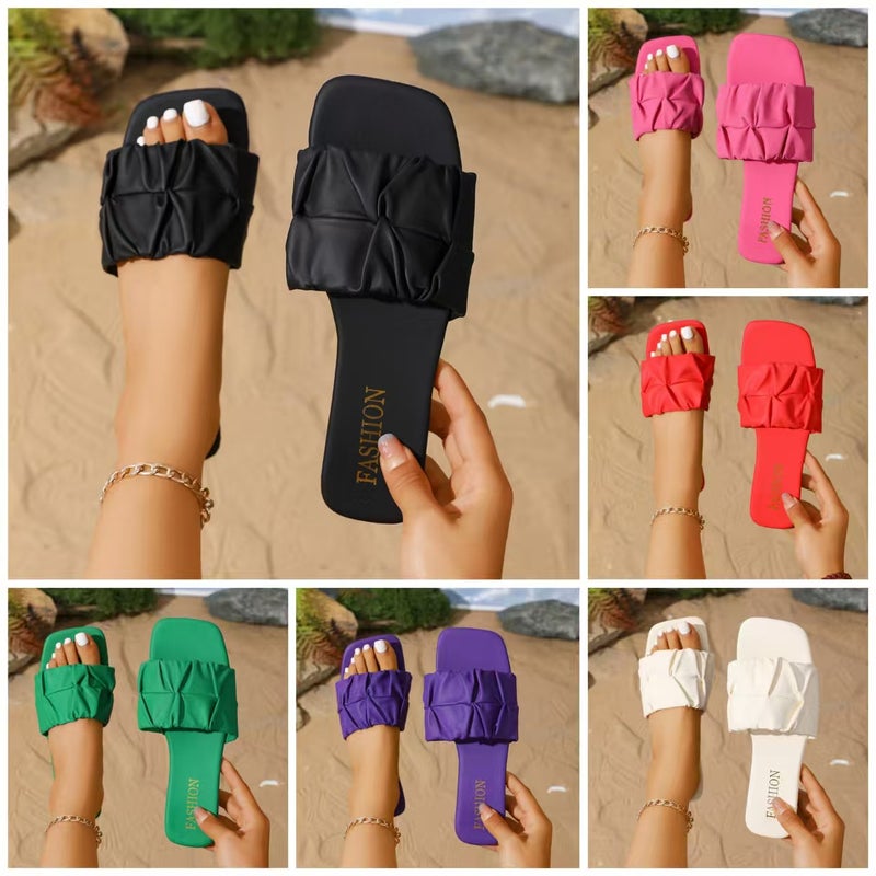 Export Flat Large Size Slippers 2025 Women'S Summer Casual Fashion One-Line Pleated Lazy Sandals - Image 2