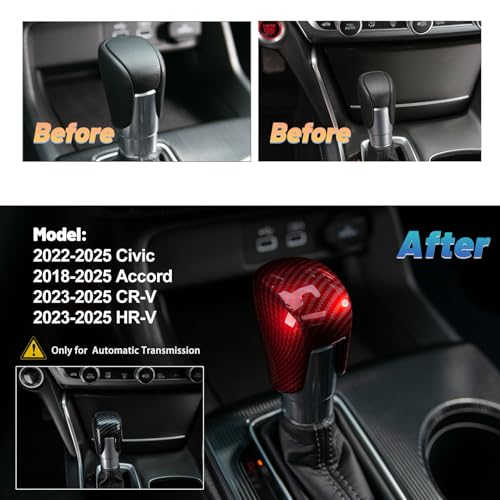 Thenice غطاء مقبض نقل الحركة Thenice لنقل الحركة الأوتوماتيكي CVT، تغيير عصا الديكور متوافق مع هوندا سيفيك 2022-2025، CRV/HR-V 2023-2025، أكورد 2018-2025 - ألياف الكربون الحمراء - Image 3