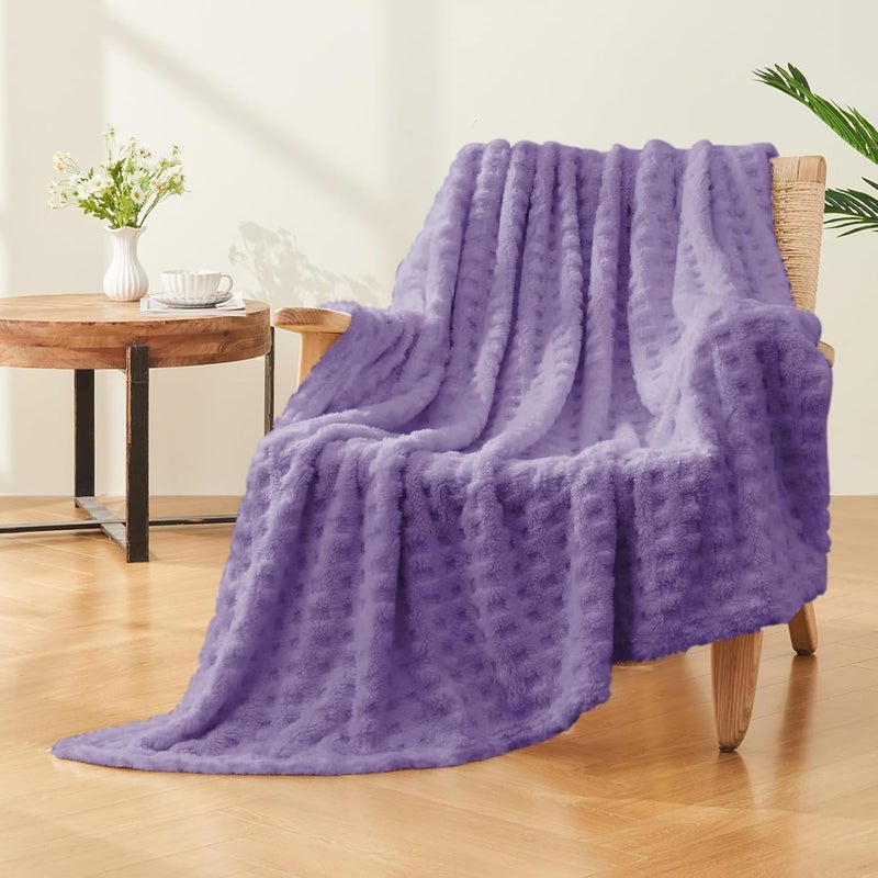 Wajade Fleece Throw Blanket, Fluffy Faux Fur Blanket for Bed Sofa Couch, Soft Warm Thick Blanket,waffle Lavender Purple-178X203 - Image 3