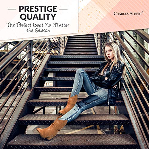 Charles Albert Modern Western Cowboy Boots for Women Ladies Stacked Heel Ankle Cowgirl Boots with Pull-Up Tabs in Tan Size 11 - Image 4