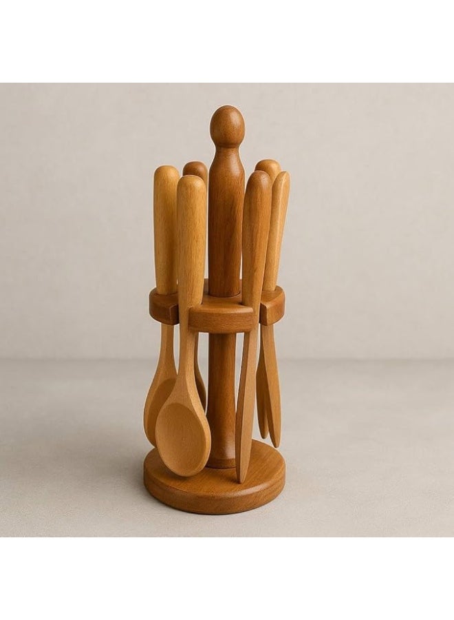 طقم توزيع خشب زان طبيعي مع استاند – أدوات مطبخ أنيقة وعملية للطهي والتقديم - Image 1