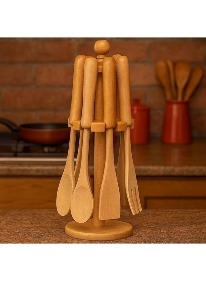طقم توزيع خشب زان طبيعي مع استاند – أدوات مطبخ أنيقة وعملية للطهي والتقديم - Image 3