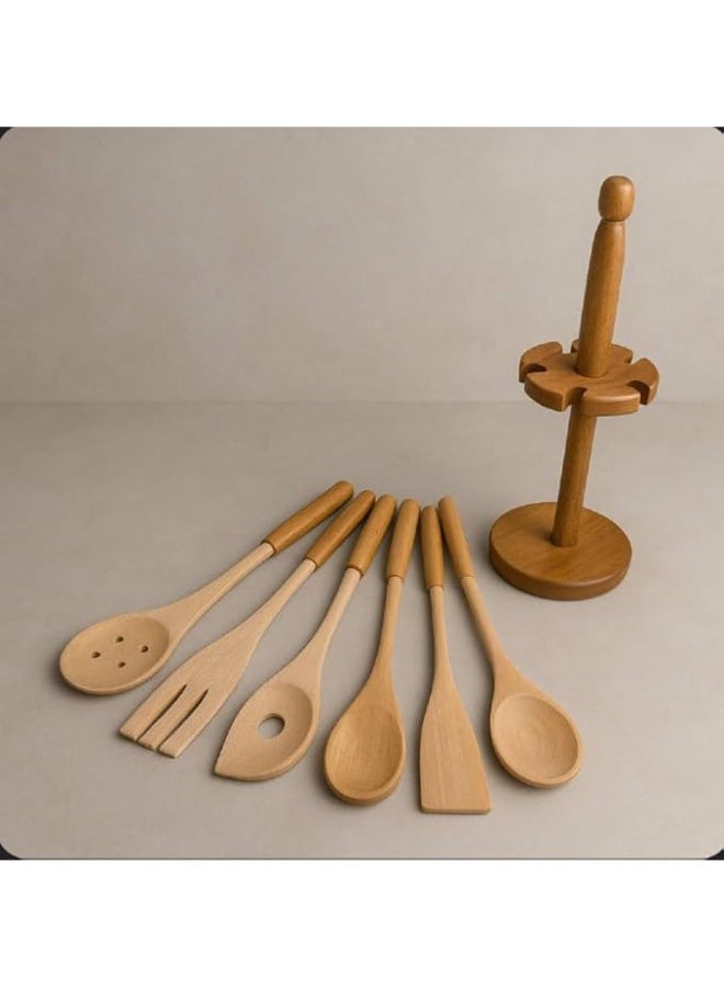 طقم توزيع خشب زان طبيعي مع استاند – أدوات مطبخ أنيقة وعملية للطهي والتقديم - Image 4