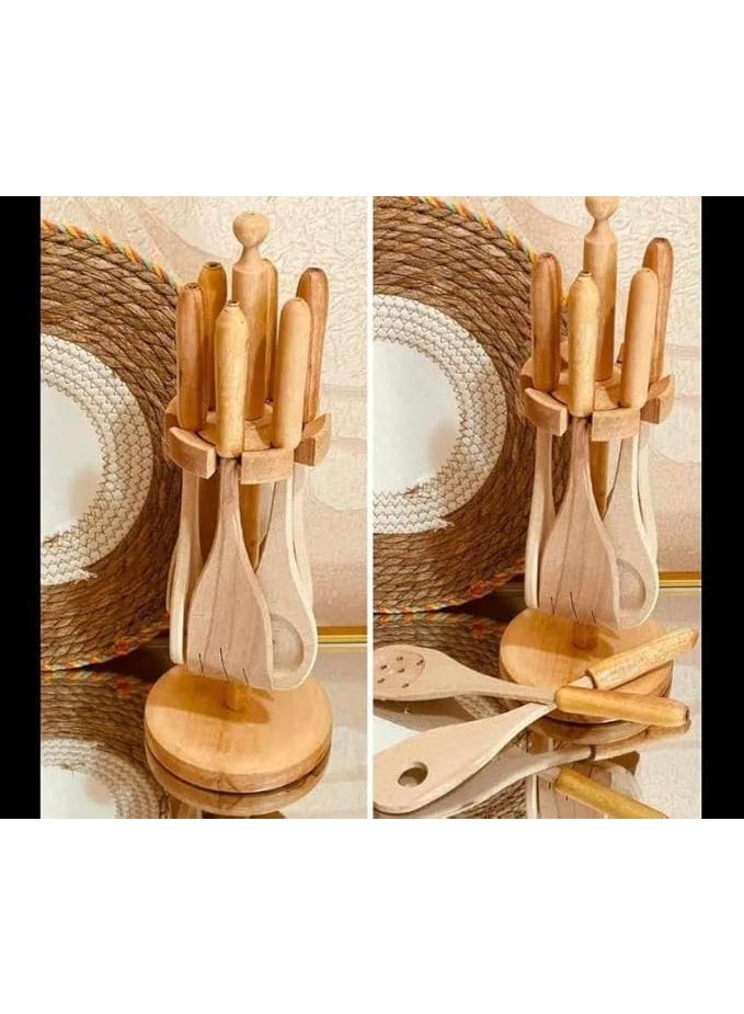 طقم توزيع خشب زان طبيعي مع استاند – أدوات مطبخ أنيقة وعملية للطهي والتقديم - Image 2