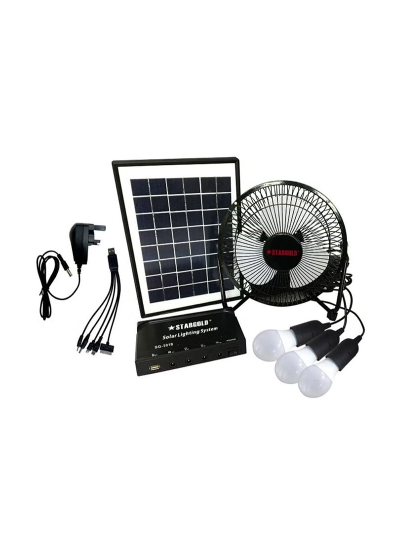 Stargold نظام إضاءة شمسية 6 واط مع لوحة شمسية و3 لمبات LED ومروحة 5 واط وكابل شحن 5 في 1 وصندوق تحكم مع بطارية مدمجة - Image 1
