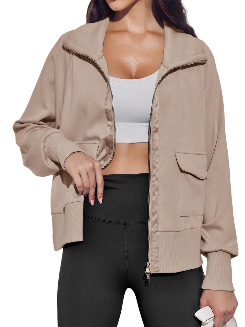 Fisoew Women's Zip up Sweatshirt Collared Neck Long Sleeve Loose Casual Lightweight Jacket with Pockets Khaki - Image 3
