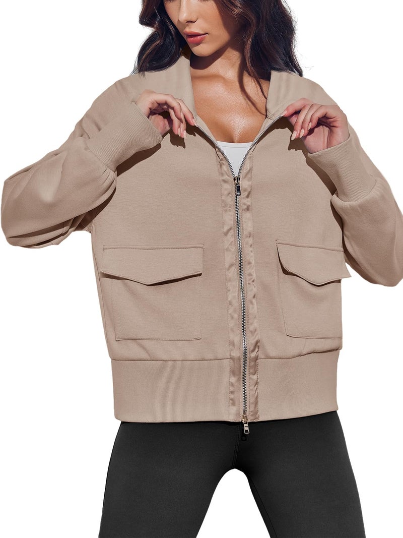 Fisoew Women's Zip up Sweatshirt Collared Neck Long Sleeve Loose Casual Lightweight Jacket with Pockets Khaki - Image 2